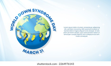 World down syndrome day background with world globe and hung stripe socks and ribbon