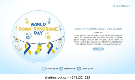 World Down Syndrome Day background with ribbons and socks and hand prints