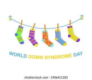 World Down syndrome day banner. Different colorful odd socks hanging on the rope as a symbol for WDSD. Vector cartoon illustration.