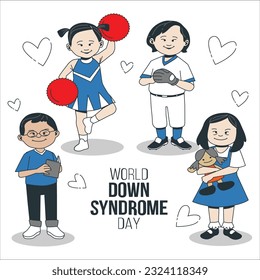 World Down syndrome day banner or invitation card. WDSD - Vector flat.Teenage Girl and Guy Friends with Down Syndrome. Set of children with Down Syndrome. Male and female kids with genetic disorder