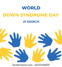 World Down Syndrome Day Banner. 21 March. Kids' handprints in blue and yellow colors. Square shape. Vector illustration. 