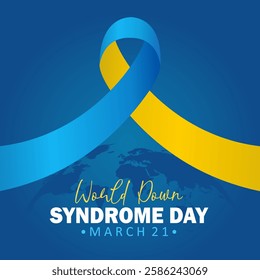 World Down Syndrome Day Banner or Invitation Card with Blue and Yellow Awareness Ribbon. WDSD - Vector Flat.