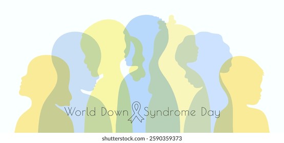 World Down Syndrome Day banner template with ribbon. Abstract silhouette of children. Different girls and boys profile. Poster cover card info web