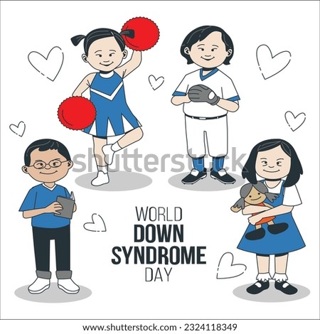 World Down syndrome day banner or invitation card. WDSD - Vector flat.Teenage Girl and Guy Friends with Down Syndrome. Set of children with Down Syndrome. Male and female kids with genetic disorder