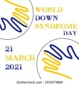 Día mundial del síndrome de Down con signo de pintura de mano azul y amarilla y diseño del vector del síndrome de facial abajo