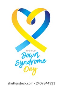 World Down Syndrome Day. Blue and yellow ribbon in the shape of a heart. Hand lettering. Elements for the design of a holiday card. Vector illustration on a white background.