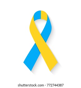 World Down Syndrome Day. Blue and yellow ribbon symbol isolated on white background. Vector illustration