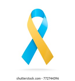 World Down Syndrome Day. Blue and yellow ribbon symbol isolated on white background. Vector illustration