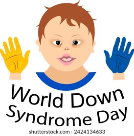  Día Mundial del Síndrome de Down. Chico y dos palmas. Concepto de conciencia del síndrome de Down.