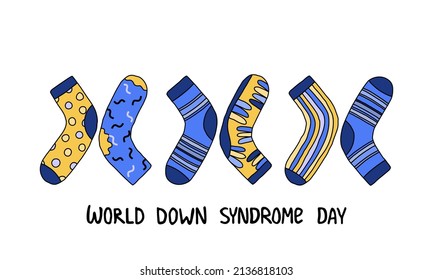 World Down syndrome day card. Three pairs mismatched socks vector illustration. Support people with trisomy 21