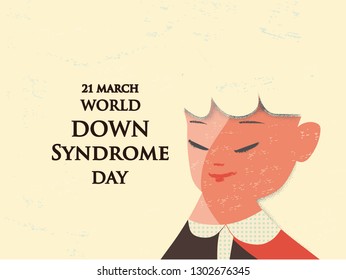 World Down Syndrome Day.  Cartoon of down syndrome patient girl with  happy gentle face in retro green and living coral color tone. With text of 21 march.Down Syndrome Awareness vector illustration.