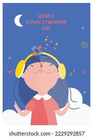 World Down Syndrome Day.  Cartoon of down syndrome patient girl and music with happy gentle face and wearing eyeglasses.Down Syndrome Awareness vector illustration. 