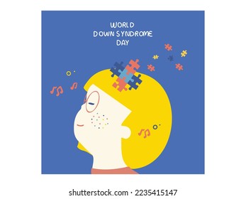 World Down Syndrome Day.  Cartoon of down syndrome patient girl and music with happy gentle face and wearing eyeglasses.Down Syndrome Awareness vector illustration. 