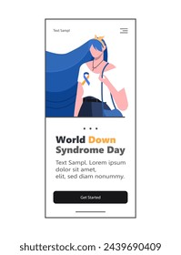 World Down Syndrome Day is celebrated on March 21st. Young woman with blue hair with a yellow blue ribbon on a yellow background. Web design and mobile template. Flat vector illustration