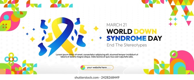 World Down Syndrome Day. World Down syndrome day celebration cover banner March 21 with design geometric background. Extra chromosome, celebrating and accepting disability.