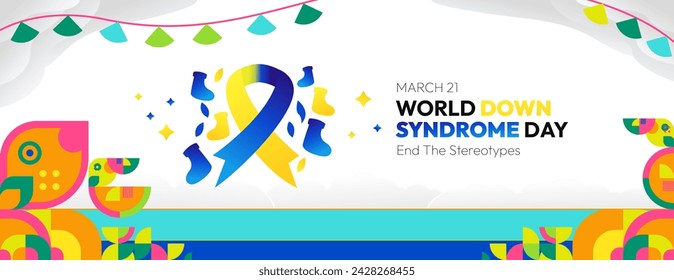 World Down Syndrome Day. World Down syndrome day celebration cover banner March 21 with design geometric background. Extra chromosome, celebrating and accepting disability.