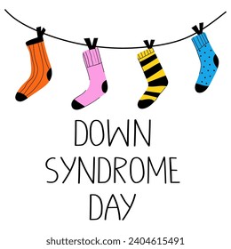 World Down Syndrome Day bunter Banner. Jährlich gefeiert am 21. März. Doodle mehrfarbige Socken und Text.