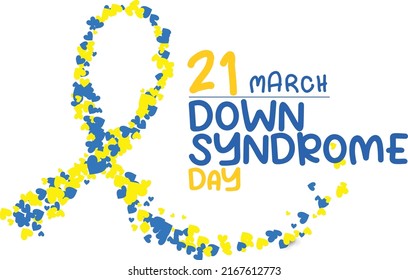 World Down Syndrome Day and the combined heart graphic in the form of a ribbon. yellow blue on a white background