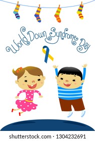 World Down Syndrome Day Concept Poster. Smiling and Jumping of Disabled Boy and Girl. Ribbon and Socks. White Background Isolated