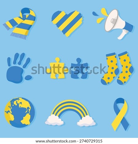 World Down Syndrome Day concept with blue and yellow elements, megaphone, socks, heart, puzzle and kids hands symbolizing awareness