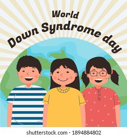 world down syndrome day digital campaign poster, with three children and globe and text as background flat vector illustration. used for social media post, landing page and other
