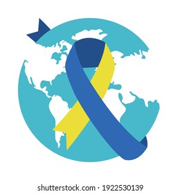 World down syndrome day, earth planet with ribbon around over white background, colorful design, vector illustration