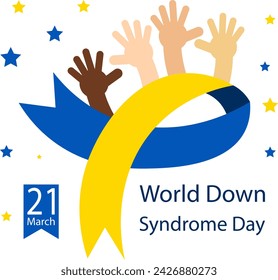World Down syndrome day. Hands, ribbon and stars. Down syndrome awareness concept.