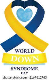 World Down Syndrome Day and heart graphic, yellow-blue ribbon on a white background