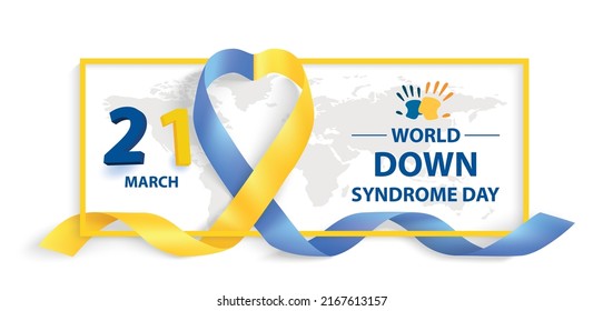 World Down Syndrome Day and heart-shaped ribbon graphics around the world. yellow blue on a white background