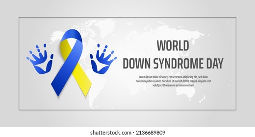 World Down syndrome Day horizontal poster. Photo realistic blue, yellow ribbon and frame on grey background.