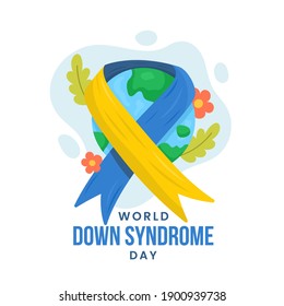 world down syndrome day illustration background with yellow and blue ribbon