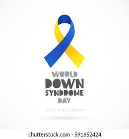 World Down Syndrome Day. Lettering. Vector illustration on white background. Blue and yellow ribbon. Health concept.