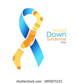 Logo del Día Mundial del Síndrome de Down. Cinta azul con muchos calcetines amarillos. Símbolo internacional de enfermedad el 21 de marzo. Signo creativo de síndrome de Down en blanco aislado. Ilustración de material vectorial.