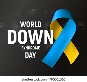 World Down syndrome day logo, symbol. Blue and yellow ribbon, awareness medical symbol, vector illustration on black background.