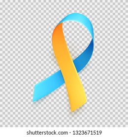 World Down Syndrome day. March 21. Realistic blue yellow ribbon symbol. Template for poster. Vector illustration.