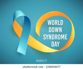 World Down Syndrome day. March 21. Realistic blue yellow ribbon symbol. Template for poster. Vector illustration.