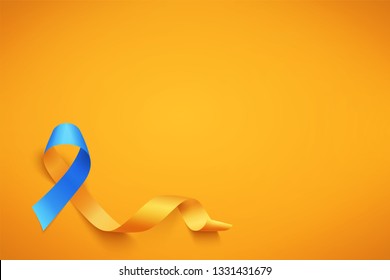 World Down Syndrome day. March 21. Realistic blue yellow ribbon symbol. Template for poster. Vector illustration.