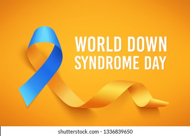 World Down Syndrome day. March 21. Realistic blue yellow ribbon symbol. Template for poster. Vector illustration.