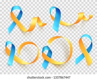 World Down Syndrome day. March 21. Realistic blue yellow ribbon symbol. Template for poster. Vector illustration.