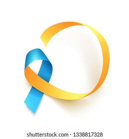 World Down Syndrome day. March 21. Realistic blue yellow ribbon symbol. Template for poster. Vector illustration.