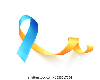 World Down Syndrome day. March 21. Realistic blue yellow ribbon symbol. Template for poster. Vector illustration.