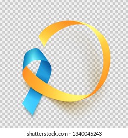 World Down Syndrome day. March 21. Realistic blue yellow ribbon symbol over transparent background. Template for poster. Vector illustration.