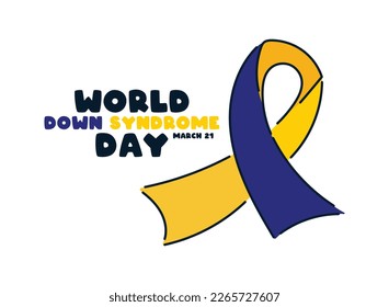 Día Mundial del Síndrome de Down. 21 de marzo. Cinta azul y amarilla. Línea. Doodle. Fondo blanco. Cartel, pancarta, tarjeta, fondo. Eps 10.