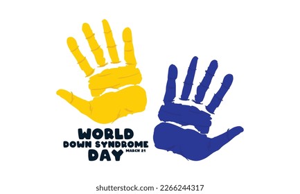World Down Syndrome Day. March 21. Blue and yellow palms on a white background. Poster, banner, card, background. Eps 10.