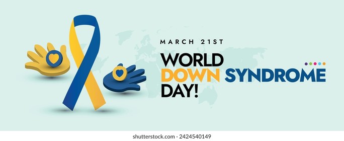 In: World Down Syndrome Day. 21. März, World Down Syndrome Day Feier Cover Banner mit Band und Handabdrücke in gelb und blau Farbe. Down Syndrome Day Conceptual Banner, Cover Template. 