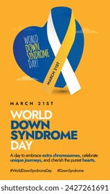 World Down Syndrome Day. March 21, World down syndrome day story  banner in dark yellow colour with blue colour heart and ribbon. Awareness banner for Down syndrome to be valued in their communities. 