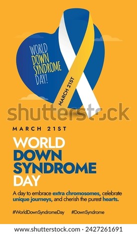 World Down Syndrome Day. March 21, World down syndrome day story  banner in dark yellow colour with blue colour heart and ribbon. Awareness banner for Down syndrome to be valued in their communities. 