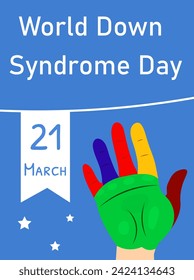 Día Mundial del Síndrome de Down. Palmeras multicolores de fondo azul. Concepto de conciencia del síndrome de Down.