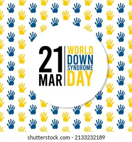 Día mundial del síndrome de Down. Iconos de huella azul y amarilla sin inconvenientes. Afiche o pancarta. 21 de marzo.