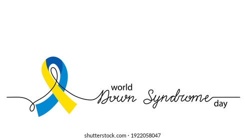 World Down Syndrome Day simple vector background, banner, poster with yellow and blue ribbon symbol. Lettering Down Syndrome.